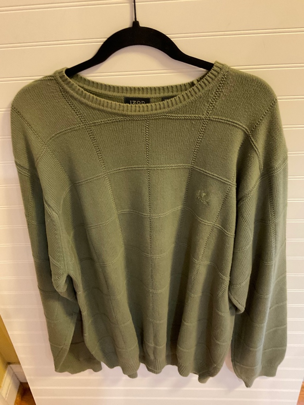 Vintage IZOD Mens XL Green 100% Cotton Grid Knit Crewneck Sweater